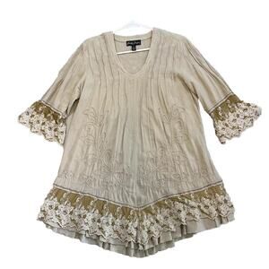 Gretty Zueger Tunic Small Beige Peasant Top Peru Crochet Lace Lagenlook Boho